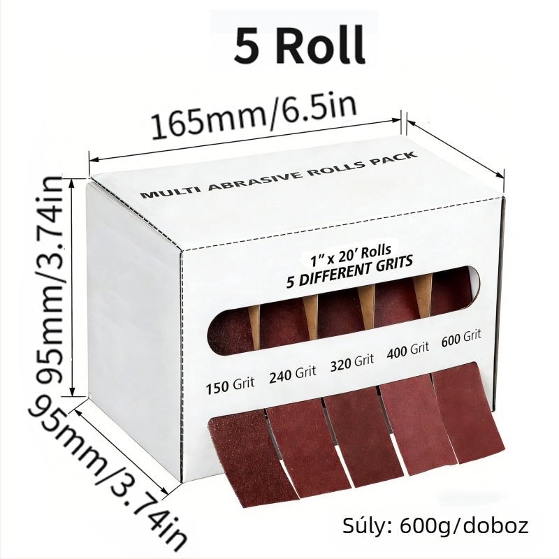 Alumínium-oxid csiszoló tekercsek dobozos csomagolásban, 1 hüvelykes szélesség (25 mm), 6 m hosszú csiszoló szalagok