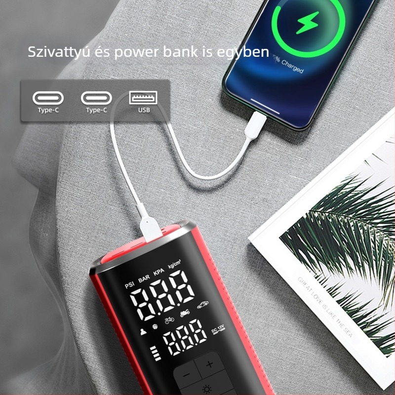 Hordozható vezeték nélküli elektromos autógumi pumpa, 25 hengerrel, 6000 mAh akkumulátorral