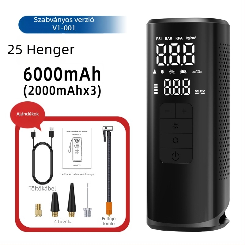 Hordozható vezeték nélküli elektromos autógumi pumpa, 25 hengerrel, 6000 mAh akkumulátorral