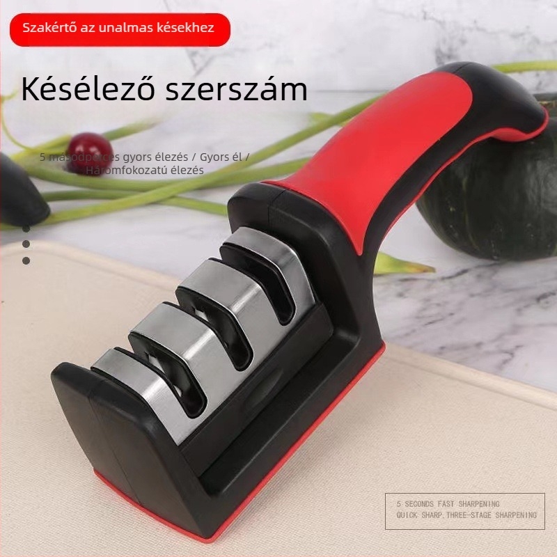 Kézi, háztartási, multifunkcionális élező kő horoggal, négy lépéses élezés késre és ollóra.
