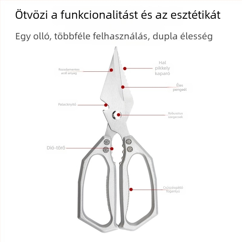 Konyhai olló nagy fejű, vastag, erős csontolló csirke csontokhoz, háztartási olló halhoz és kacsához, hal- és csontvágó olló