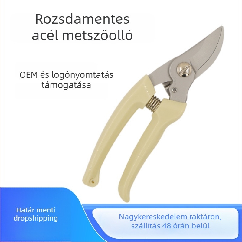 Kerti metszőolló ívelt heggyel, rozsdamentes acélból, virágágakhoz