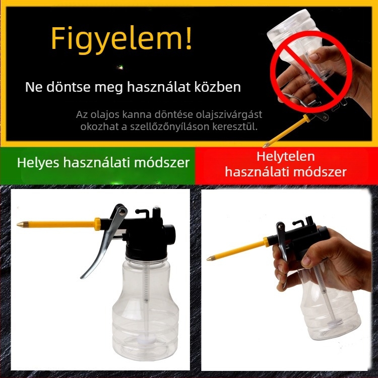 Kézi olajtartály hosszú nyakkal, átlátszó műanyag olajozó és fém permetező üveg