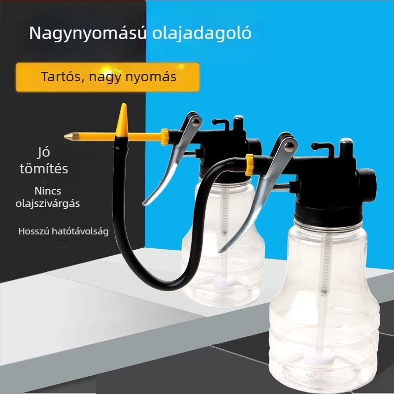 Kézi olajtartály hosszú nyakkal, átlátszó műanyag olajozó és fém permetező üveg