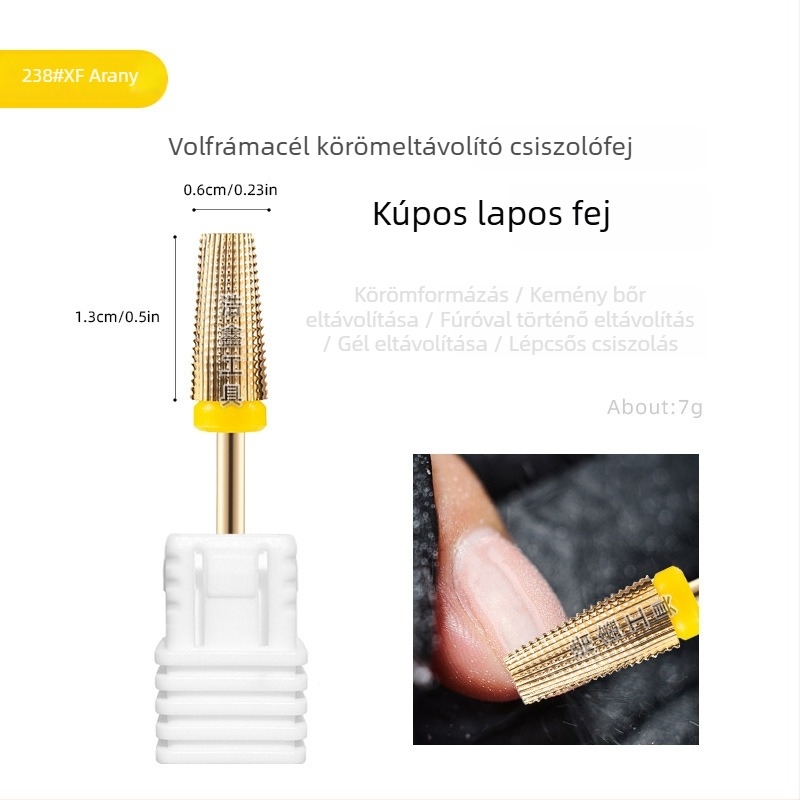 Arany színű körömszépítő fej, kis konusos, sík végű acél wolfrámból