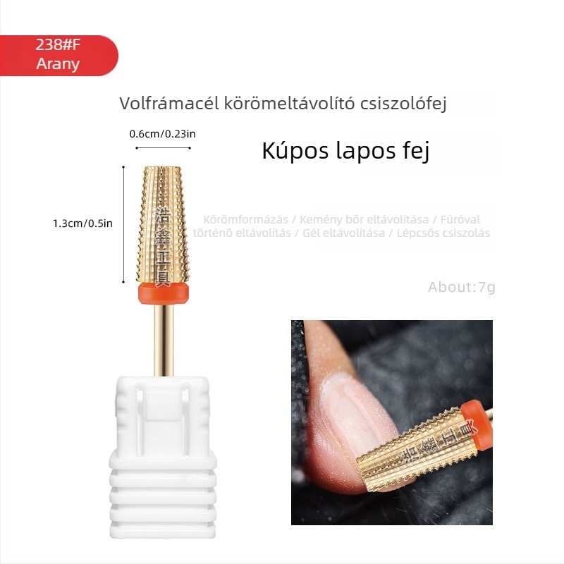 Arany színű körömszépítő fej, kis konusos, sík végű acél wolfrámból