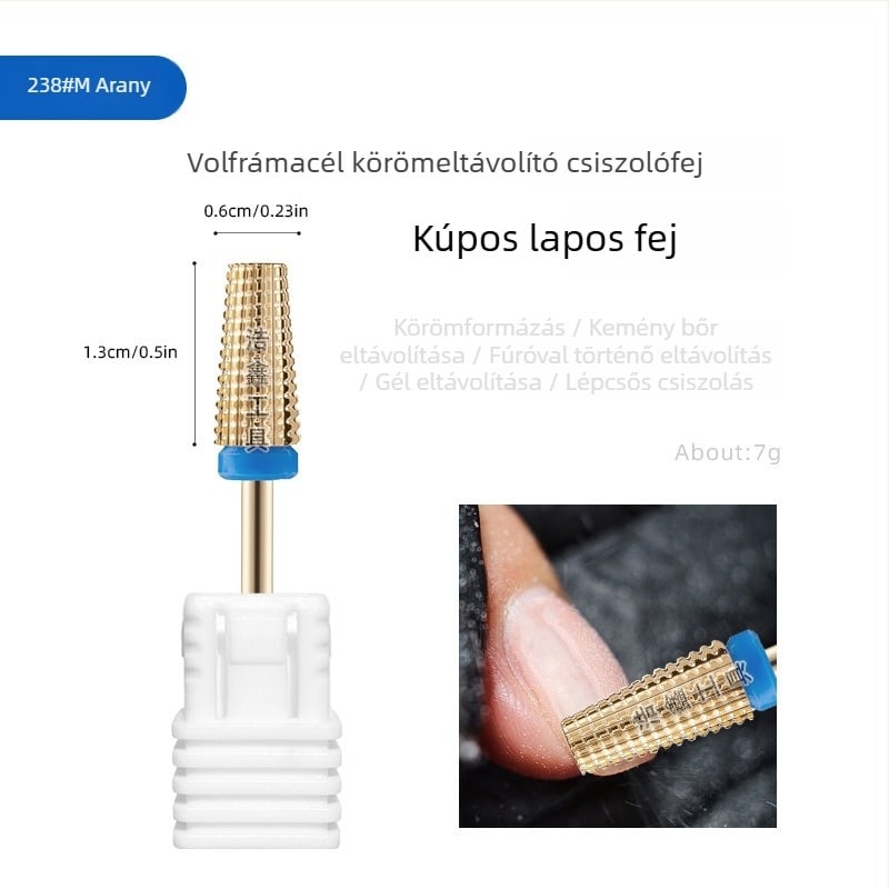 Arany színű körömszépítő fej, kis konusos, sík végű acél wolfrámból