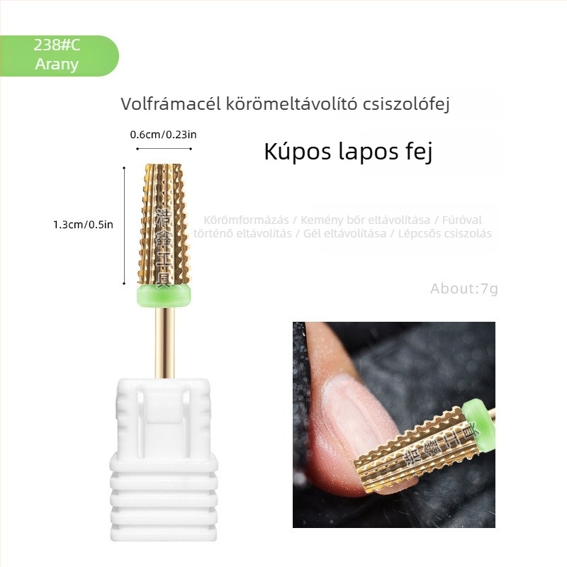 Arany színű körömszépítő fej, kis konusos, sík végű acél wolfrámból