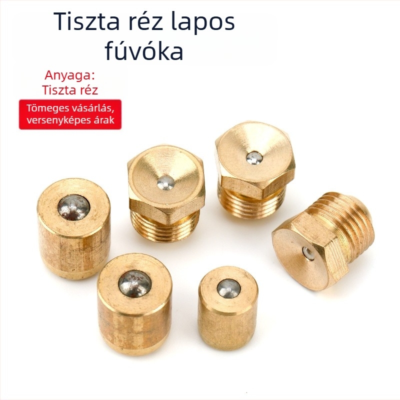 Sárgarézből készült lapos fejű zsírzóduza tölcsér alakú, pohár alakú kenőfej
