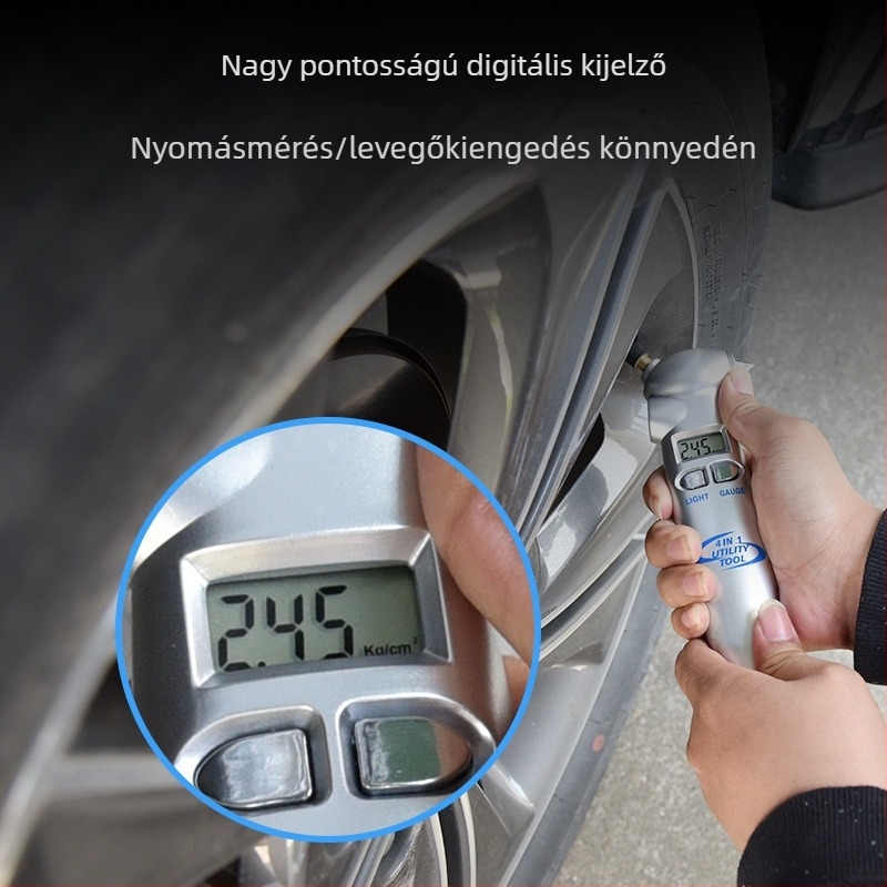 Yitu Négy az egyben digitális guminyomás-mérő, magas precíz elektronikus kijelzővel, kulcstartó kivitel, vészvilágítás és mentőkalapács