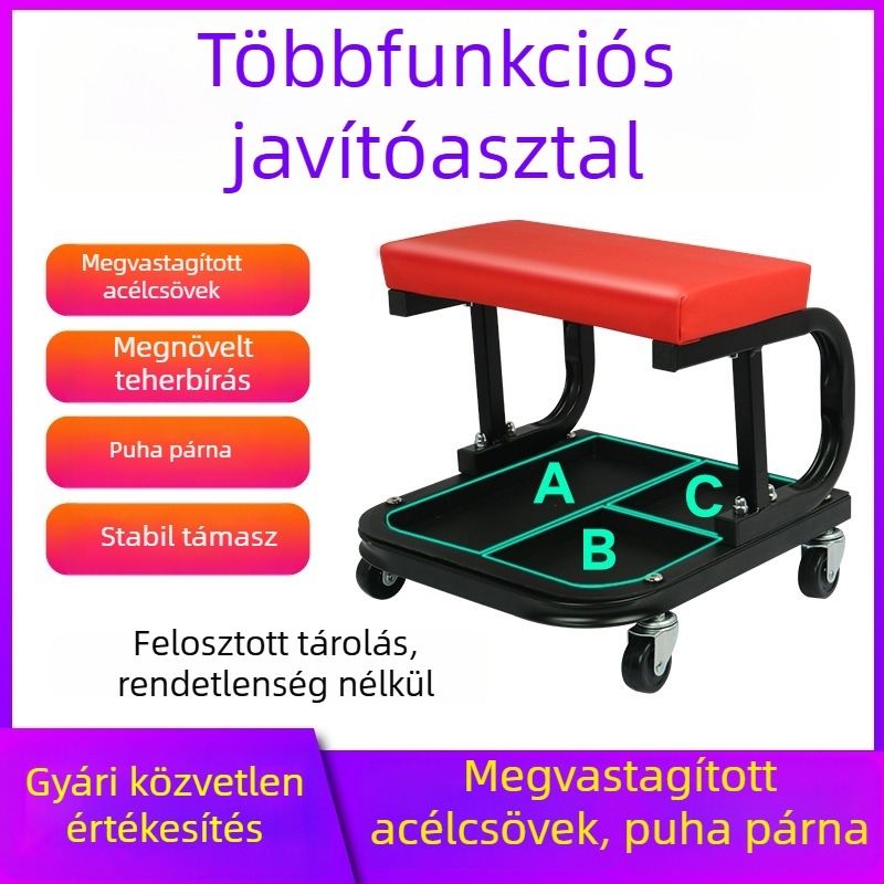Autójavító munkaülés szerszámtartóval és forgó kerekekkel – többfunkciós karbantartási és polírozó szék