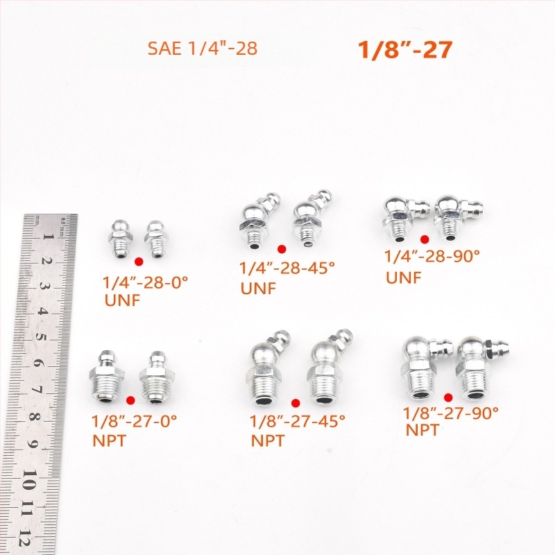 SAE 1/4-28UNF és 1/8-27NPT csatlakozó zsírzópisztolyhoz - egyenes és görbült