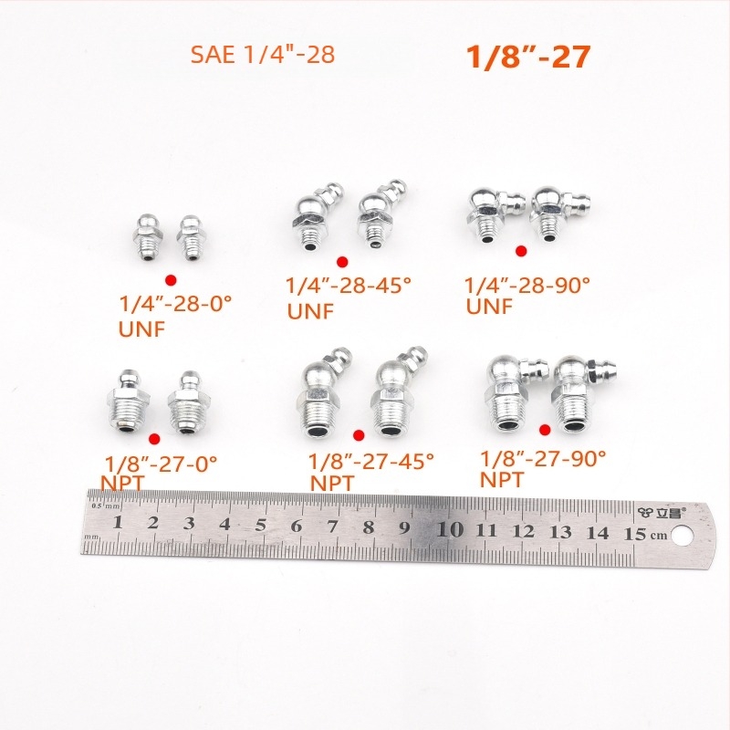 SAE 1/4-28UNF és 1/8-27NPT csatlakozó zsírzópisztolyhoz - egyenes és görbült
