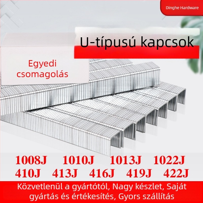 Kézi ajtó típusú 10J kódú szegek, U-alakú szegek, pneumatikus szegezőhöz való szegek, bútor szegek, modellek 1008J, 1010J, 1013J, 1022J