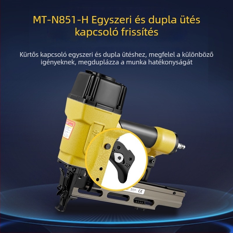 Meite pneumatikus Brad szögpisztoly N851 — nagy méretű Brad szögfaipari felhasználásra, széles koronával, egy- és folyamatos tüzelési üzemmódban, acélszegek