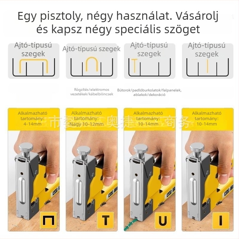 Kézi szögbelövő faipari felhasználásra, négyfunkciós sárga modell