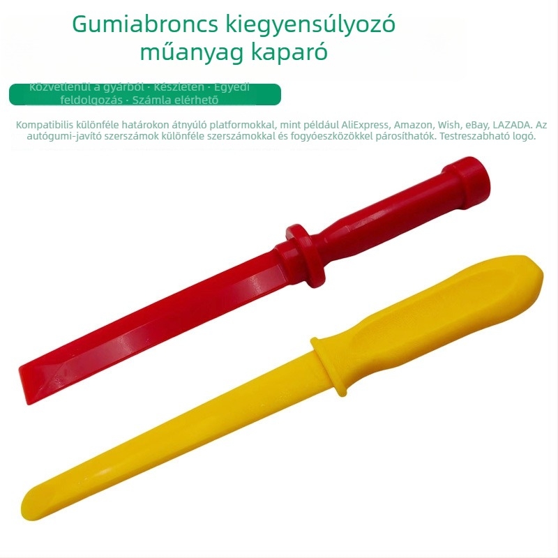 Autó gumi javító készlet: műanyag spatulák, ragasztó blokkok és gumiabroncs-demontáló eszköz