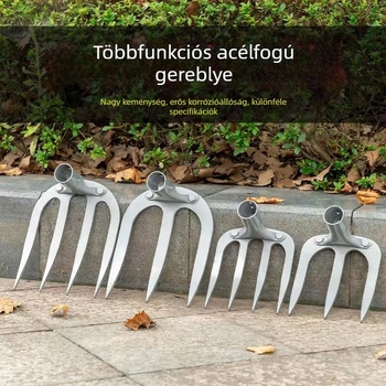 Mangánacél négydentű gereblye hosszú nyéllel – talaj felforgatására és fűápolásra