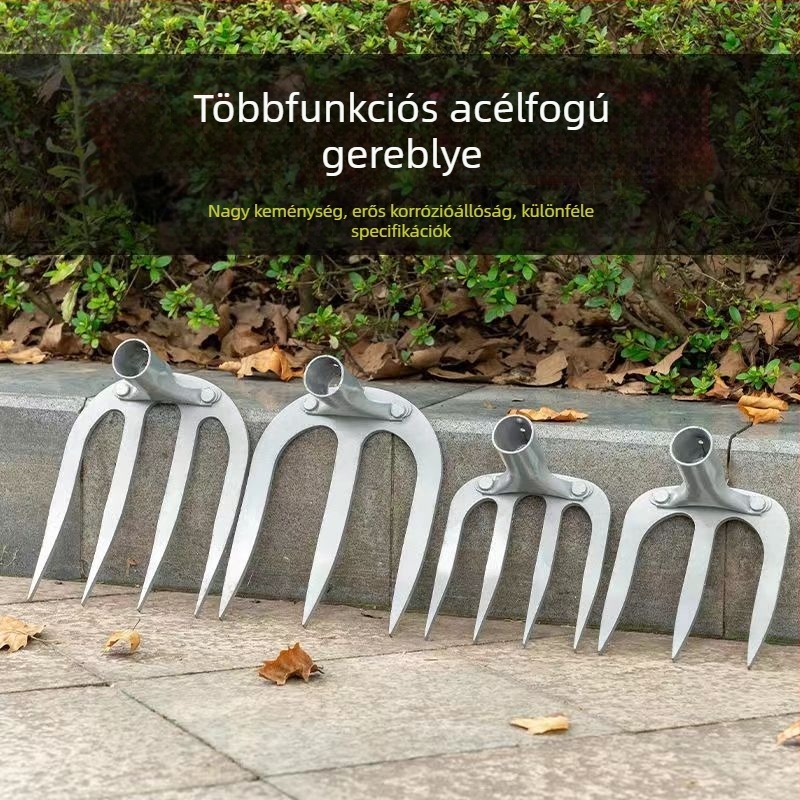 Mangánacél négydentű gereblye hosszú nyéllel – talaj felforgatására és fűápolásra