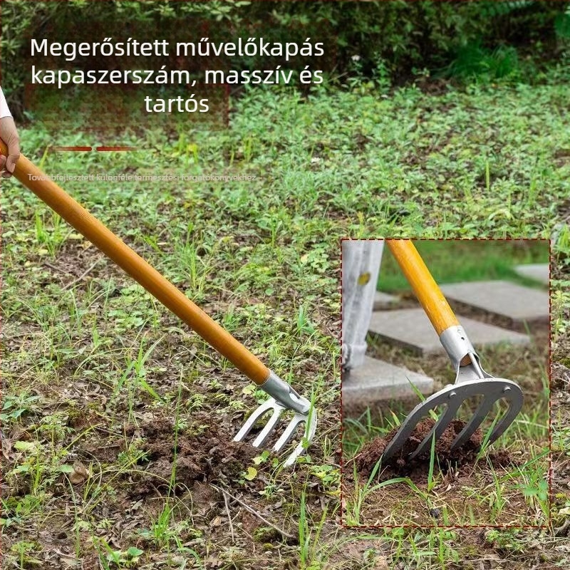 Mangánacél négydentű gereblye hosszú nyéllel – talaj felforgatására és fűápolásra
