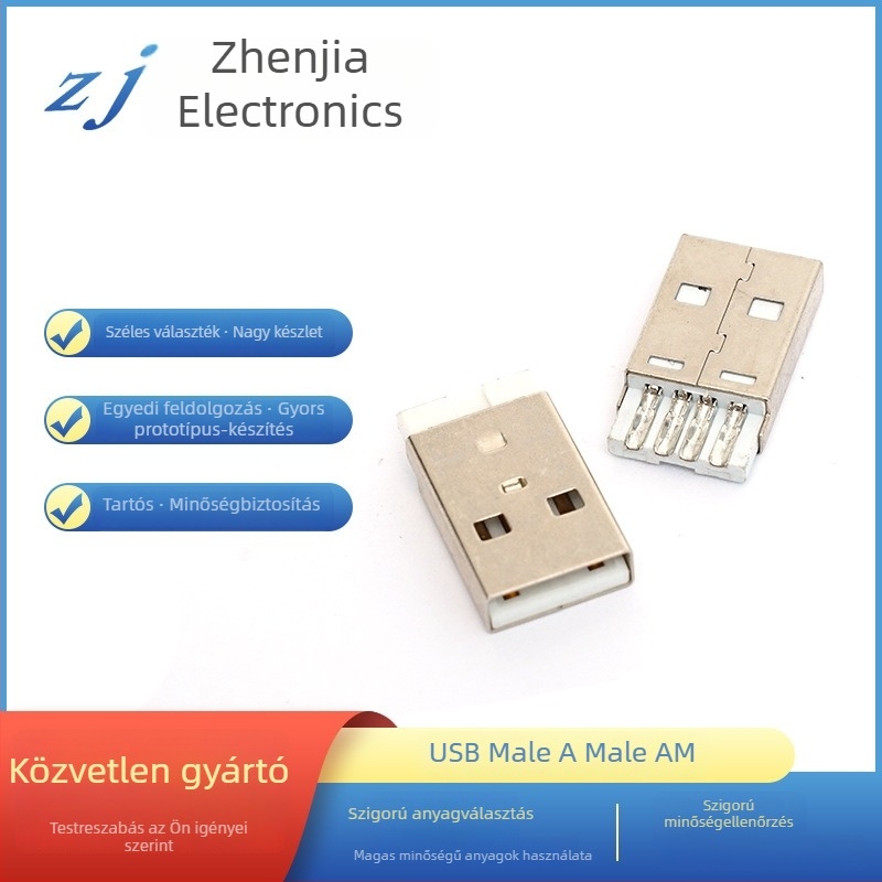 USB Type-A férfi csatlakozó, egyenes dugó, rövid test, forrasztott vezeték típus, hossz 20,5 mm, repedésálló dizájn