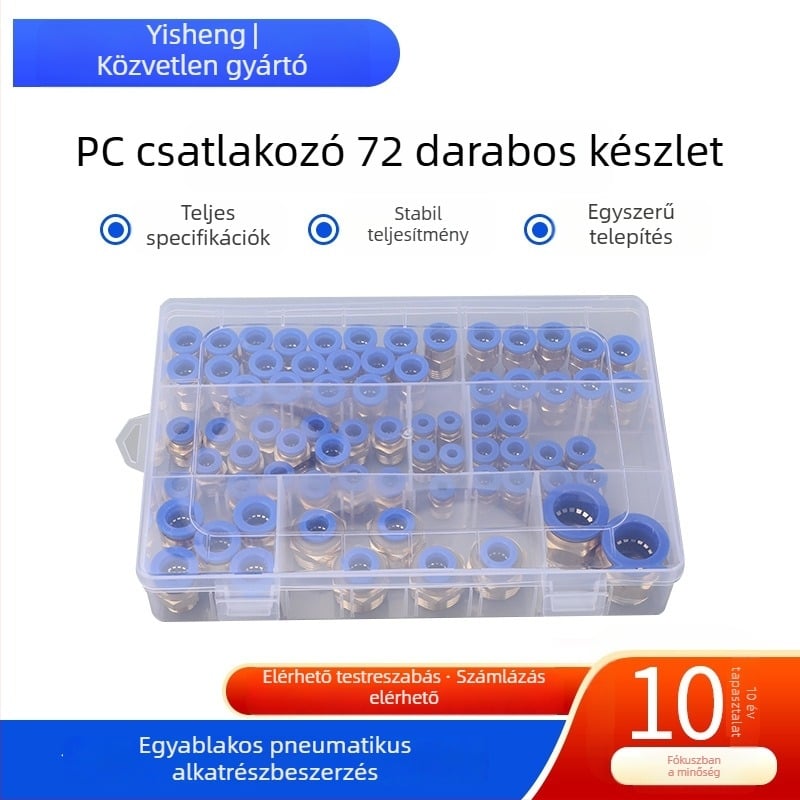 72 darabos pneumatikus csatlakozó- és cső készlet PC8-02 gyors csatlakozóval, PC12-04 gyorsdugóval és 10-03 levegőkompresszor csatlakozókkal