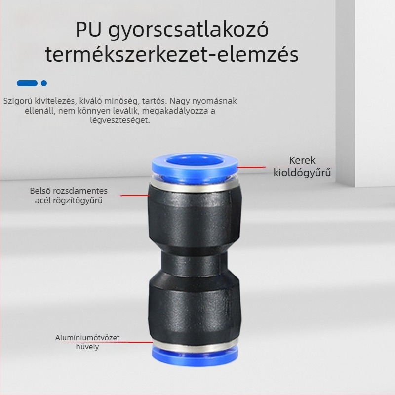 PU egyenes átvezető csatlakozó pneumatikus csövekhez, műanyag gyorscsatlakozó tömlőhöz, önzáró kialakítás