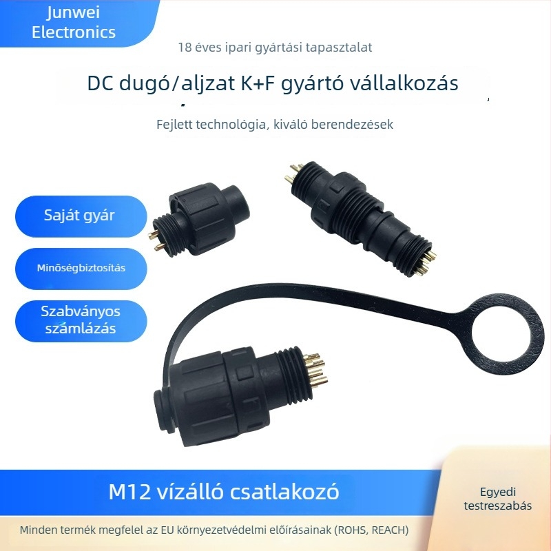 M12 vízálló csatlakozó, kör alakú, ipari elektromos dugó és aljzat műanyag gyűrűvel zárómechanizmussal