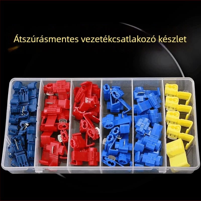 65 darab gyorscsatlakozó vezeték-klipsz készlet dobozban, 6 rekesz, T-típusú csatlakozók