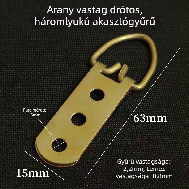 Arany színű, nagy háromlyukas akasztógyűrűk háromszemű horgokkal keretek és hímzéshez