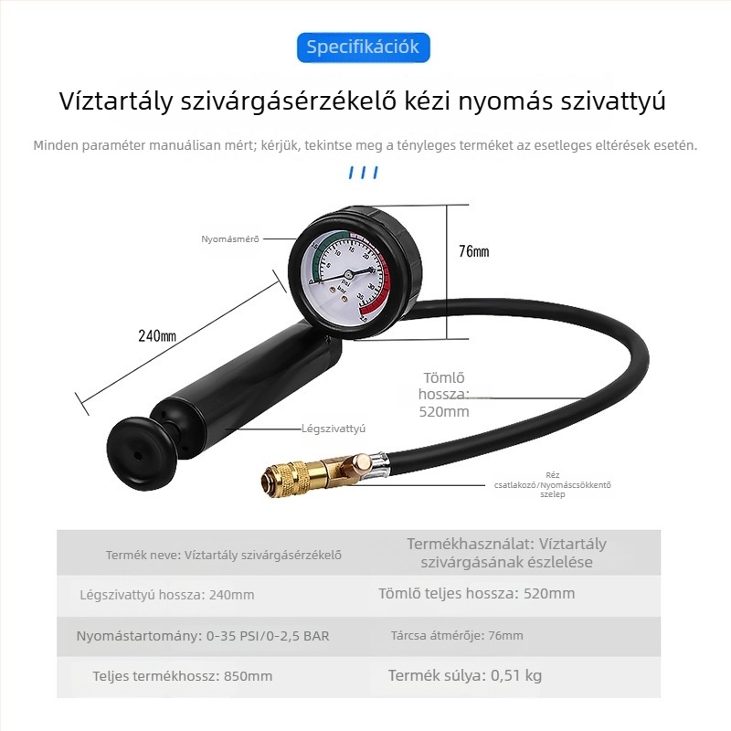 Autóhűtő rendszer szivárgásdetektora nyomásmérővel, radiátor nyomáspróbával és levegőpumpával