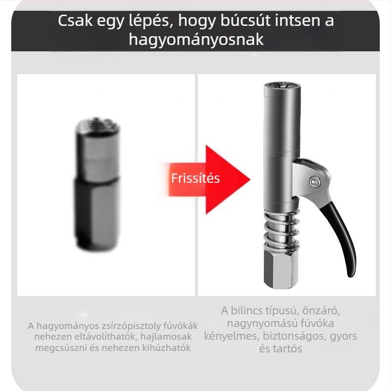Magasnyomású zsírpisztoly fej, zárócsap típusú rögzítés, kézi önzáró, csatolási típus