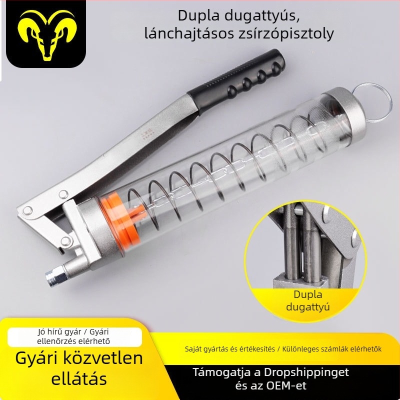 Kézi működtetésű zsírzópisztoly átlátszó csővel, lánc típusú, dupla dugattyú
