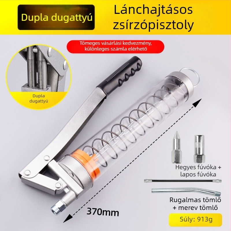 Kézi működtetésű zsírzópisztoly átlátszó csővel, lánc típusú, dupla dugattyú