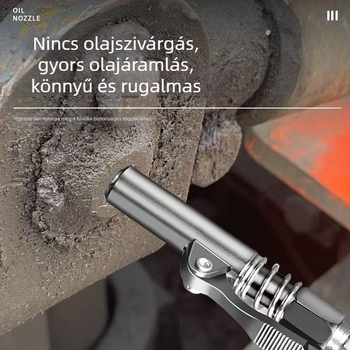 Új modellű egykezes záró csipeszes magasnyomású kenőpisztoly, önzáró, kézi/elektromos/pneumatikus működés, fogaskerekes fúvóka