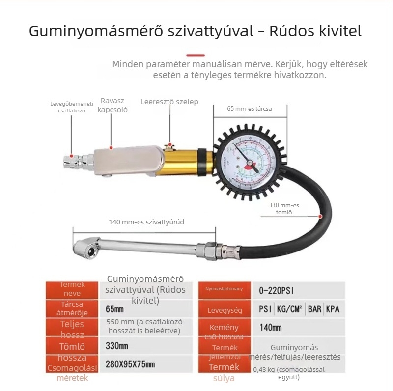 Kétfejű pneumatikus abroncsfújó pisztoly kézi fogantyúval és nyomásmérővel