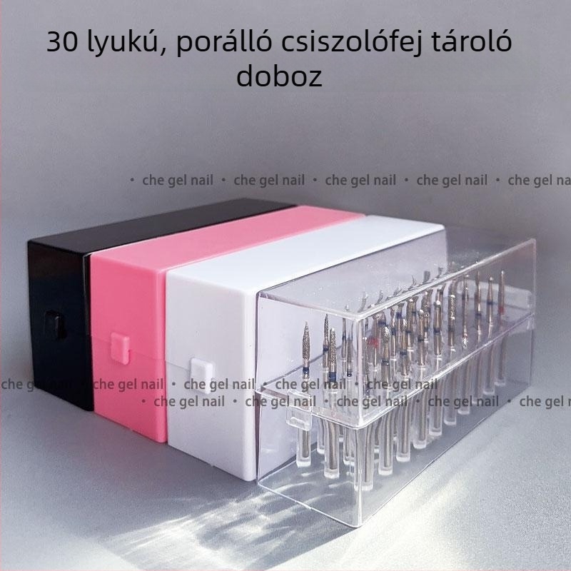 30-lyukú csiszolófej-tároló doboz manikűr eszközökhöz, átlátszó akril, porvédett asztali rendező japán stílusban
