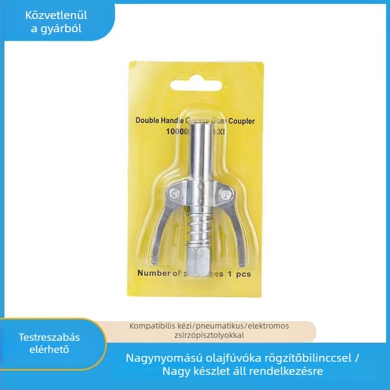 Zárócsipeszes zsírpisztoly fúvóka, magas nyomású, dupla fogantyú, önzáró lapos fejű injektáló fúvóka — tartozék zsírpisztolyhoz