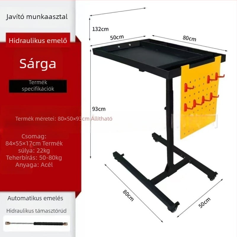 Állítható magasságú, mobil karbantartó munkapad szerszámtárolóval és kocsival