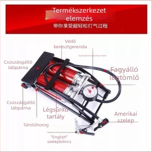 Autóhoz tervezett levegőpumpa kétcsöves, hordozható pedálpumpa
