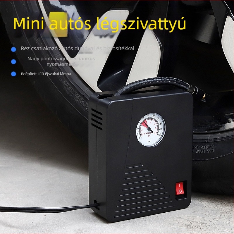 Hordozható autógumi-felfújó nyomásmérővel