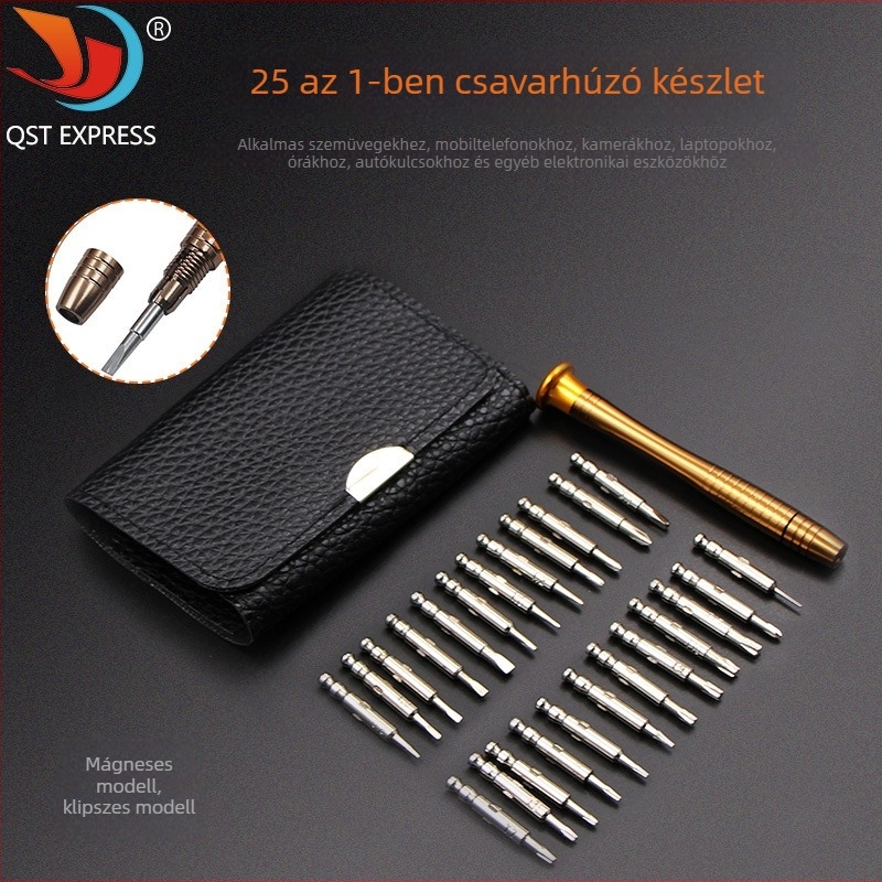 25 az 1-ben multifunkcionális csavarhúzó bitkészlet bőrtokkal mobiltelefon és laptop javításához