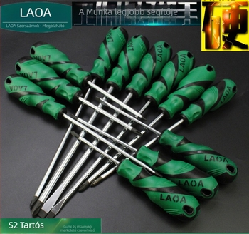 Ipari minőségű csavarhúzó háztartási készülékek javítására, S2 acél, mágneses, kereszthajtású és lapos fejű, nagy nyomatékú, gumírozott műanyag nyéllel