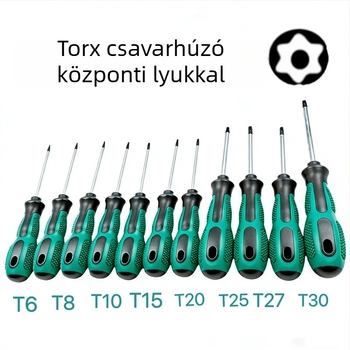 Cr-V precíz Plum Blossom csavarhúzó akasztónyílással, mágneses, PP+TPR markolat, hex bitek T8–T30