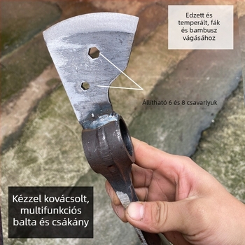 Többfunkciós kerti eszköz ásáshoz, kapáláshoz, faragáshoz, talaj fellazításához, bambusz-gyökérzetek kiásásához, zöldségek ültetéséhez, horgászathoz és cordyceps gyűjtéséhez.
