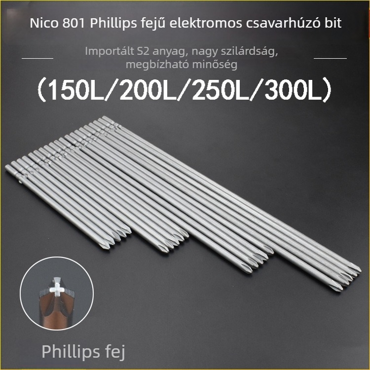 S2 ötvözetből készült keresztfejű bit elektromos csavarhúzóhoz, 5 mm tengely, PH0–PH2, hossz 150–300 mm