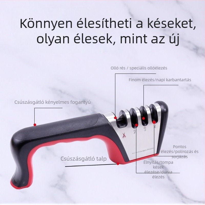 Konyhai négyfokú élező kő késhez és ollóhoz; gyors élező eszköz