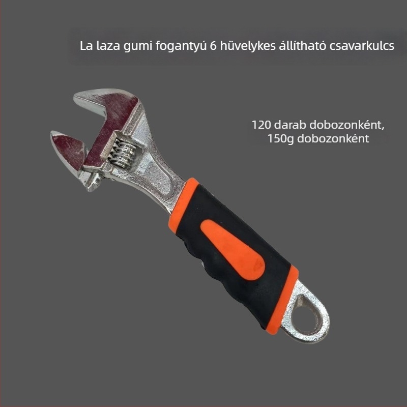 6 hüvelykes állítható villáskulcs gumírozott nyéllel, 15 cm hosszú