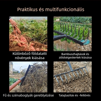 Mezőgazdasági gereblye fogasfejjel a talaj lazítására és megforgatására, multifunkciós gyomirtó eszköz, erős, rozsdamentes kivitel