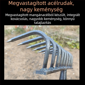 Mezőgazdasági gereblye fogasfejjel a talaj lazítására és megforgatására, multifunkciós gyomirtó eszköz, erős, rozsdamentes kivitel